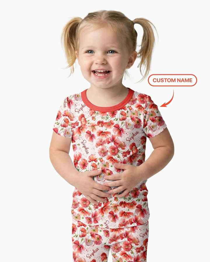 Custom Name Birth Month Flowers Bamboo Two Piece Short Sleeve Pajama Set