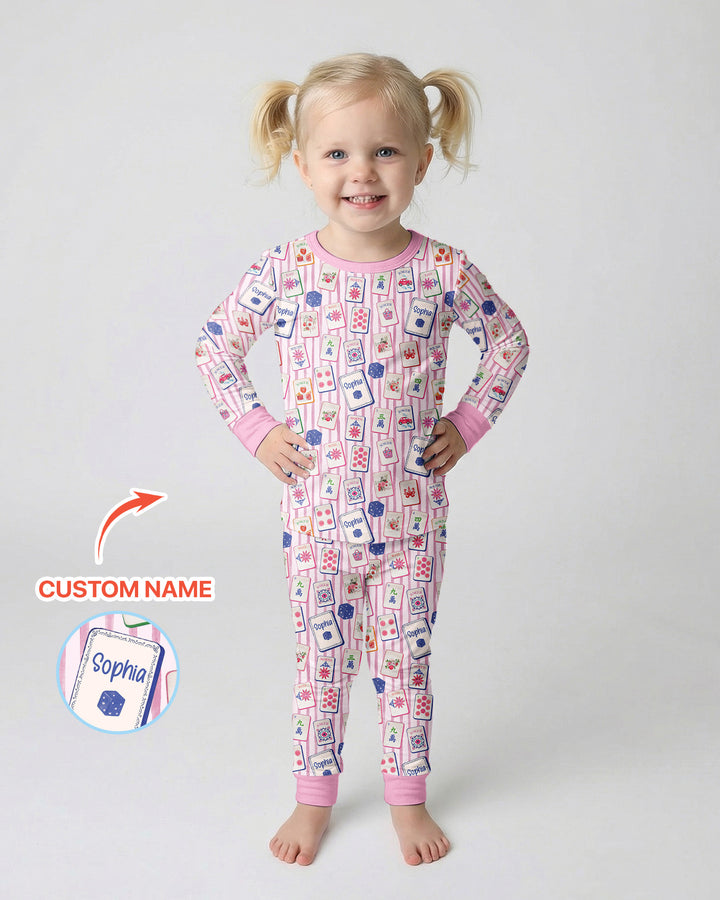 Coastal Mahjong Custom Name Mommy & Me Matching Bamboo Two Piece Long Sleeve Pajama Set