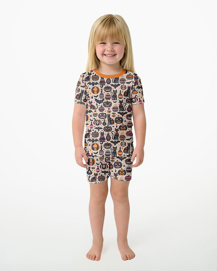 Whimsical Tribal Retro Halloween Black Cats Pumpkins Bamboo Two Piece Short Sleeve Shorts Pajama Set