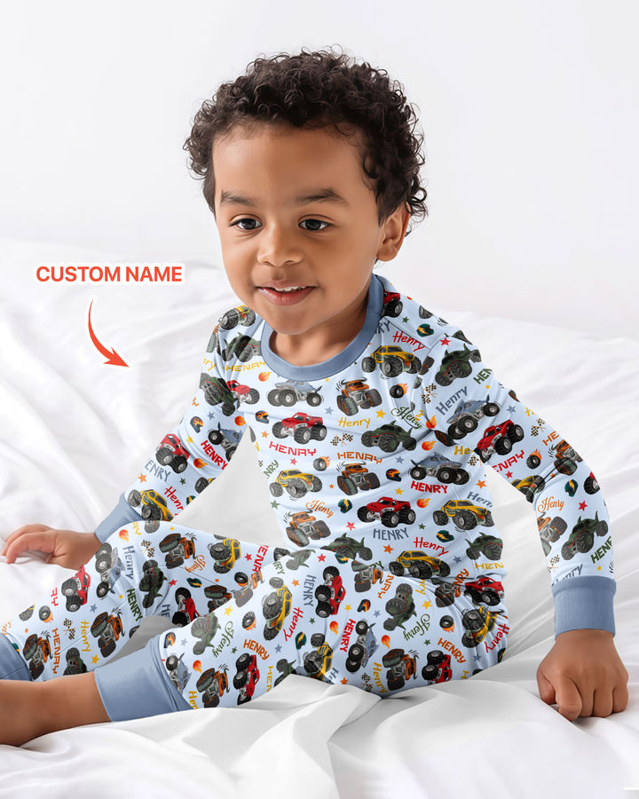 Personalized Monster Truck Bamboo Two Piece Long Sleeve Pajama Set