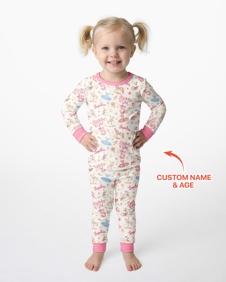 Ballerina Birthday Girl Custom Name & Age Bamboo Two Piece Long Sleeve Pajama Set