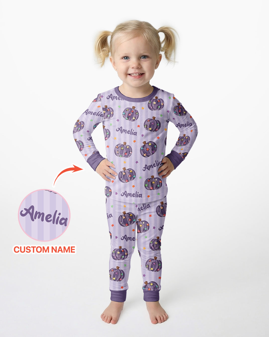 Colorful Star Pumpkin Custom Name Bamboo Two Piece Long Sleeve Pajama Set