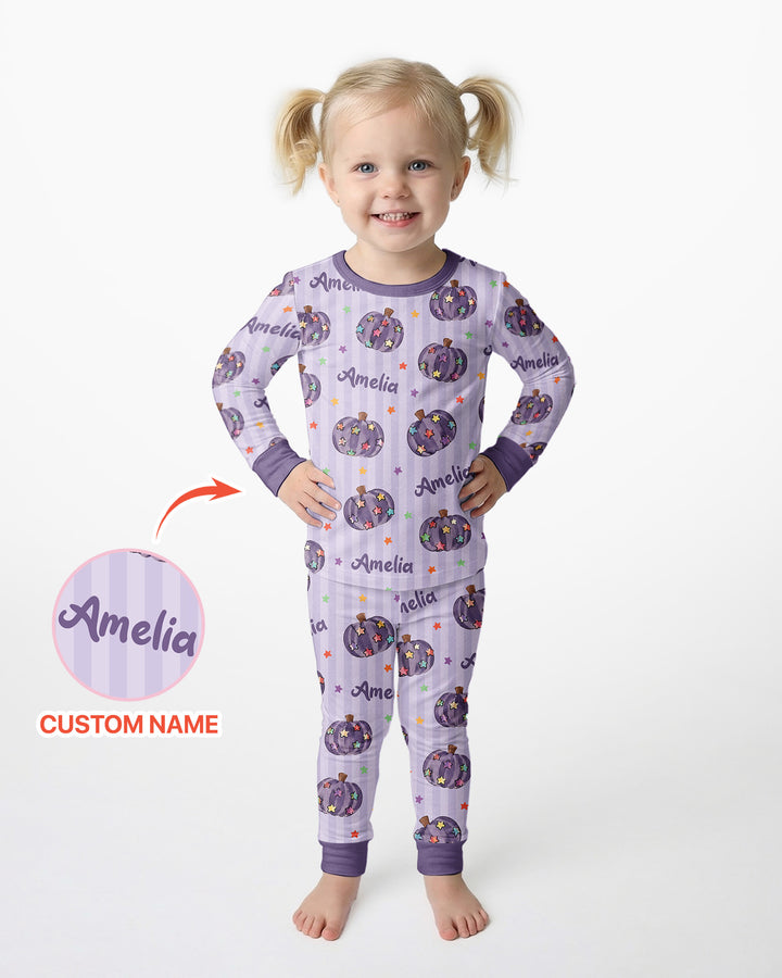 Colorful Star Pumpkin Custom Name Bamboo Two Piece Long Sleeve Pajama Set
