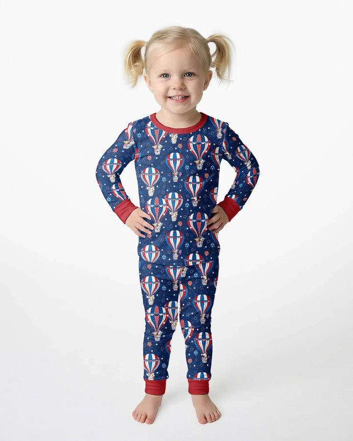 Patriotic Pups in Hot Air Balloons Family Matching Bamboo Two Piece Long Sleeve Pajama Set