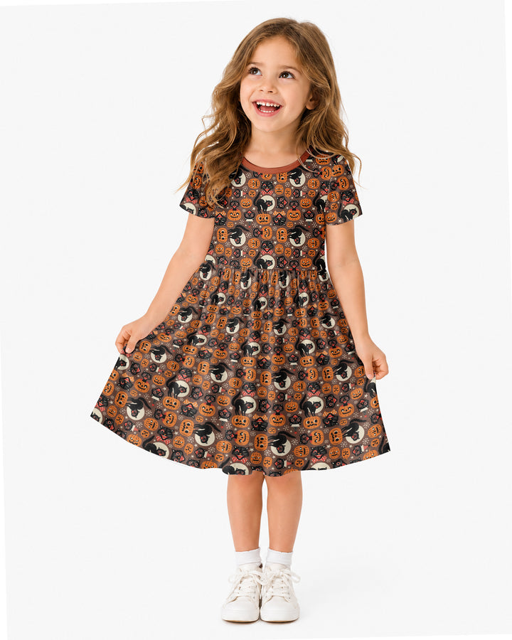 Vintage Halloween Black Cat Pumpkin Bamboo Twirl Dress