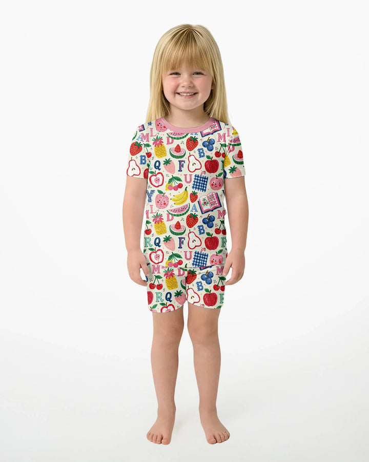 Back To School Fruit Alphabet Bamboo Two Piece Short Sleeve Shorts Pajama Set