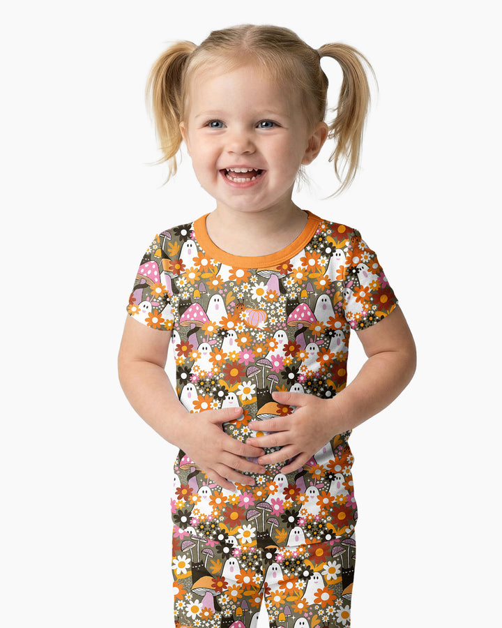 Retro Ghost Mushroom Floral Halloween Bamboo Two Piece Short Sleeve Pajama Set