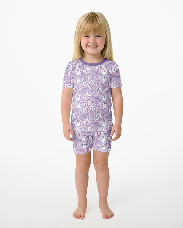 Cute Ghost Halloween Pastel Purple Spooky Bamboo Two Piece Short Sleeve Shorts Pajama Set