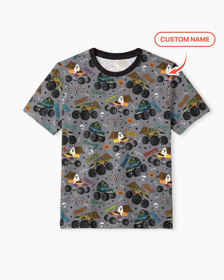 Custom Name Halloween Creepy Crusher Family Matching Bamboo Men Short Sleeve Short Pajama Set