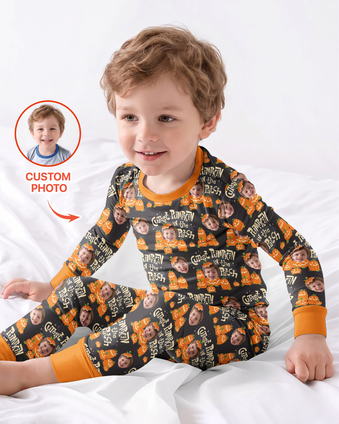 Custom Photo Cutest Pumpkin in the Patch Bamboo Two Piece Long Sleeve Pajama Set