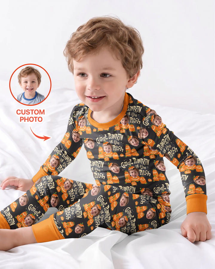 Custom Photo Cutest Pumpkin in the Patch Bamboo Two Piece Long Sleeve Pajama Set