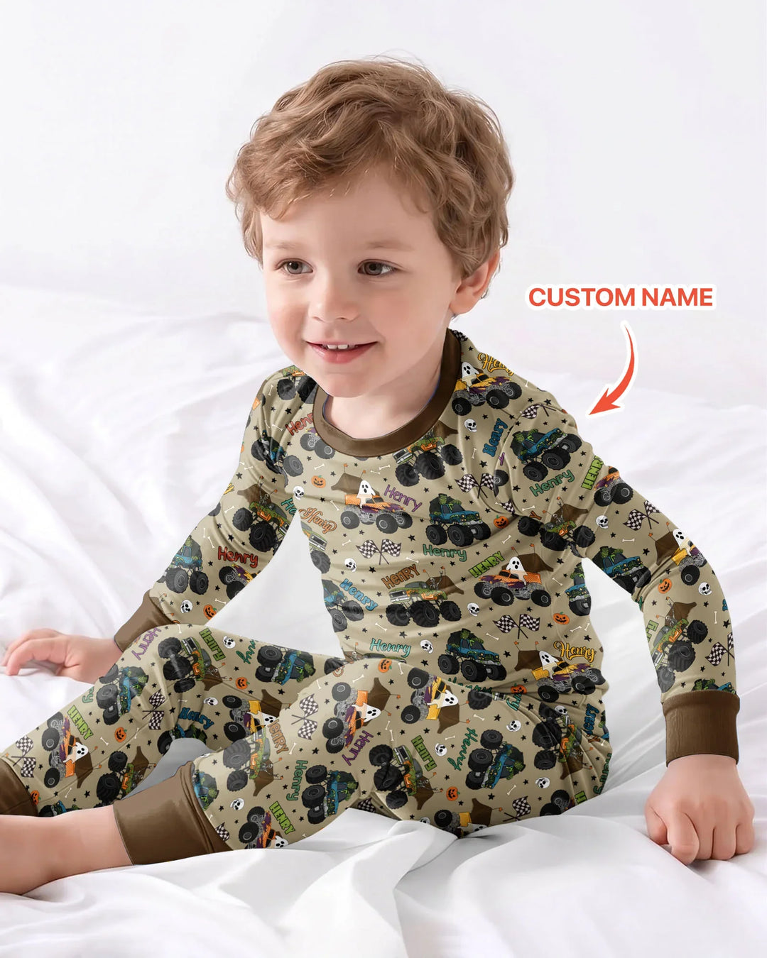 Custom Name Halloween Creepy Crusher Family Matching Bamboo Two Piece Long Sleeve Pajama Set