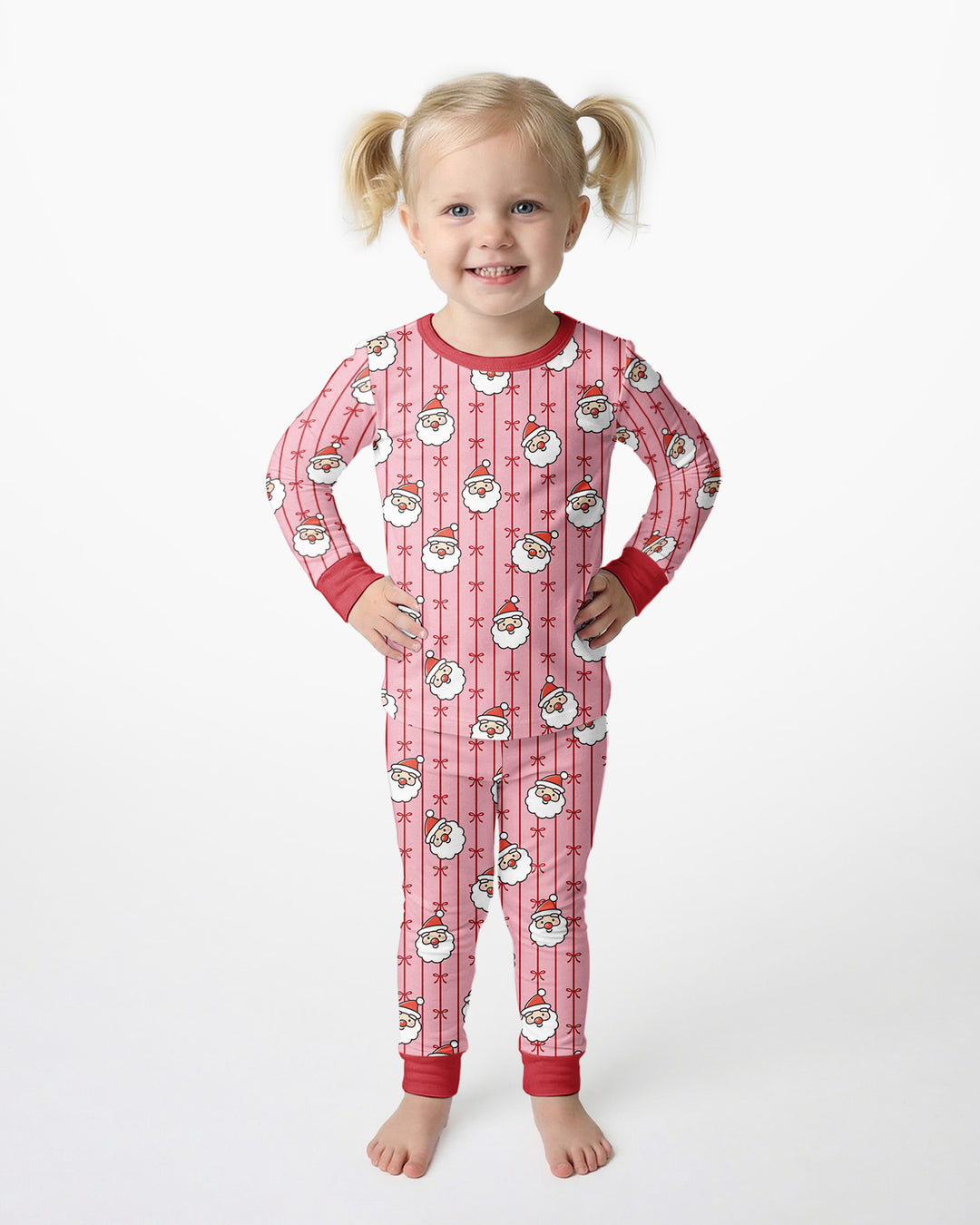 Pink Santa Bow Stripe Christmas Bamboo Two Piece Long Sleeve Pajama Set