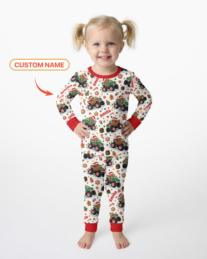 Custom Name Monster Truck Gingerbread Bamboo Two Piece Long Sleeve Pajama Set