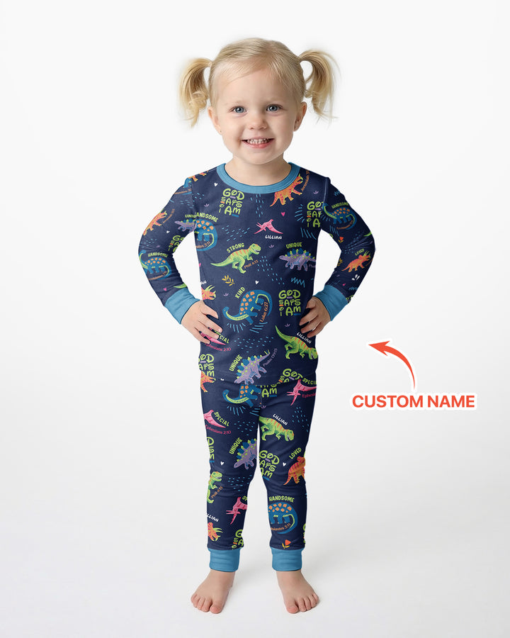 Custom Name God says I am Dinosaur Bamboo Two Piece Long Sleeve Pyjamas Set