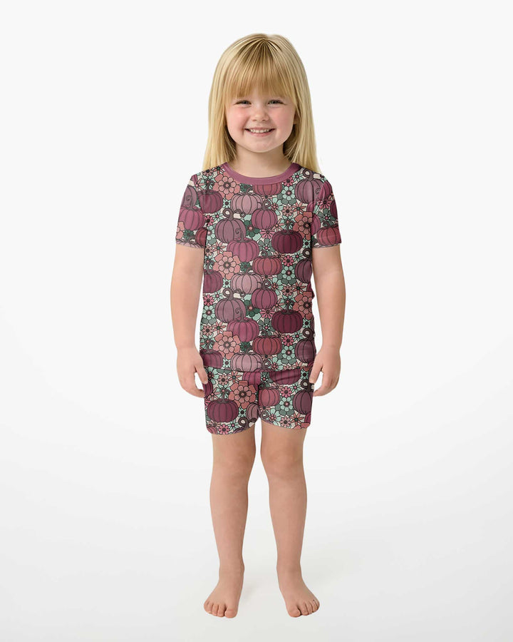 Retro Floral Pumpkin Patch Bamboo Two Piece Short Sleeve Shorts Pajama Set