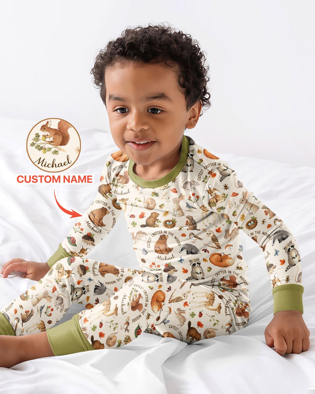 Cutest Critter In The Woods Custom Name Bamboo Two Piece Long Sleeve Pajama Set