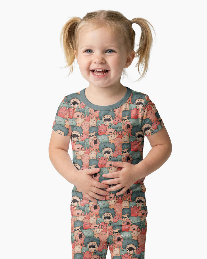 Cute Monster Crowd Bamboo Two Piece Short Sleeve Pajama Set