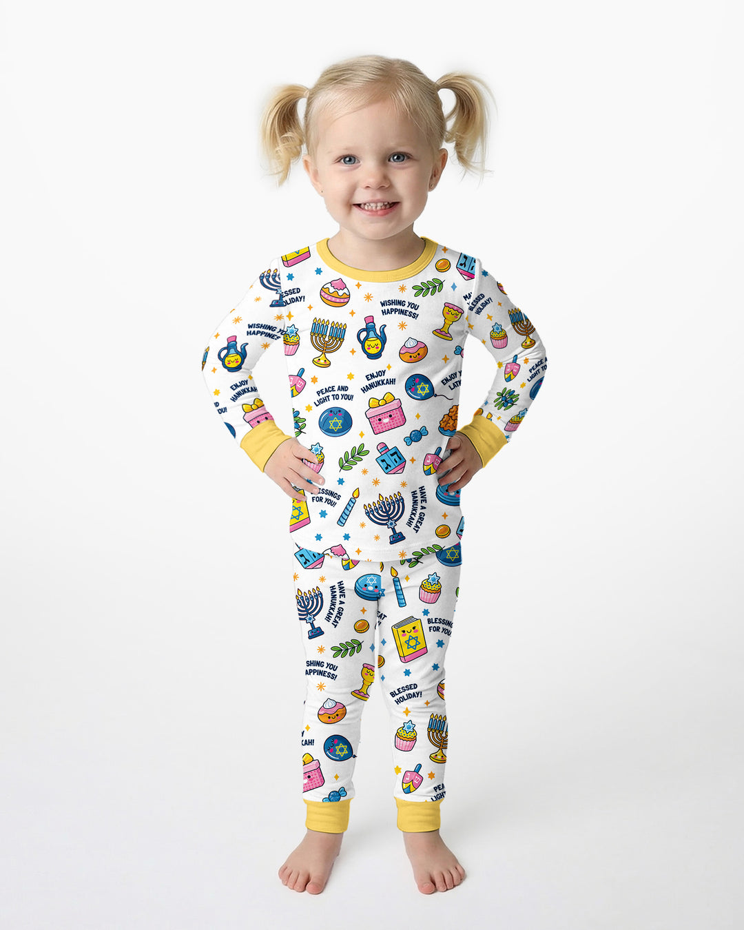 Kawaii Menorah Holiday Bamboo Two Piece Long Sleeve Pajama Set