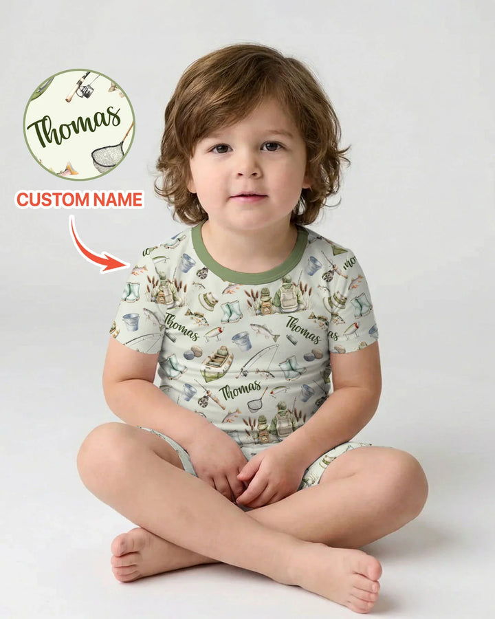 Custom Name Fishing Day Daddy & Me Matching Bamboo Two Piece Short Sleeve Shorts Pajama Set