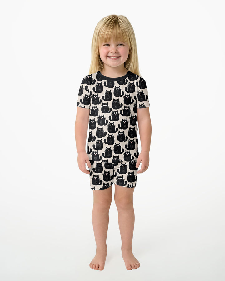 Moody Black Cats in Black and White Bamboo Two Piece Short Sleeve Shorts Pajama Set