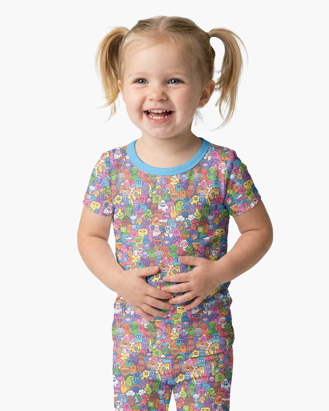 Doodle Characters Pastel Bamboo Two Piece Short Sleeve Pajama Set