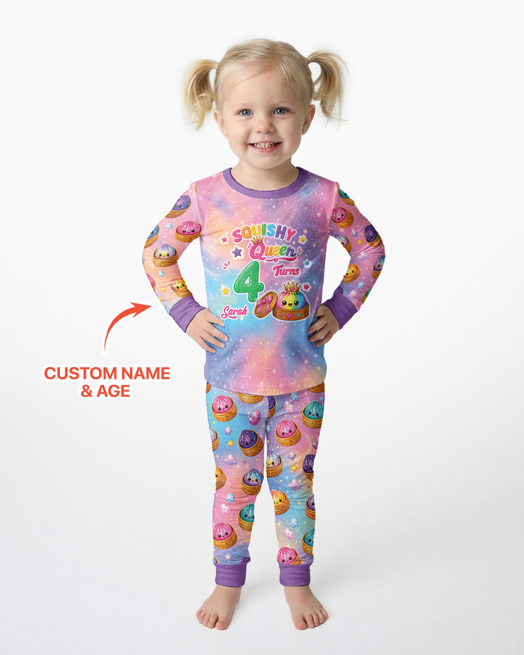 Glitter Dumpling Birthday Girl Custom Name & Age Bamboo Two Piece Long Sleeve Pajama Set