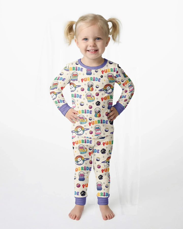 Rainbow Space Cats Family Matching Bamboo Two Piece Long Sleeve Pajama Set
