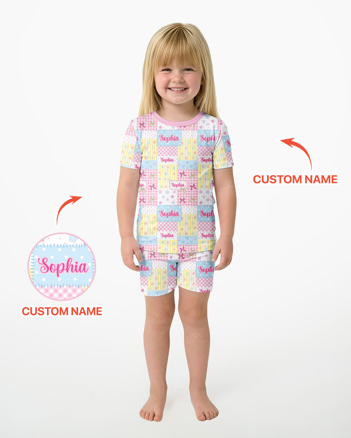 Custom Name Sweet Patchwork Bamboo Two Piece Short Sleeve Shorts Pajama Set