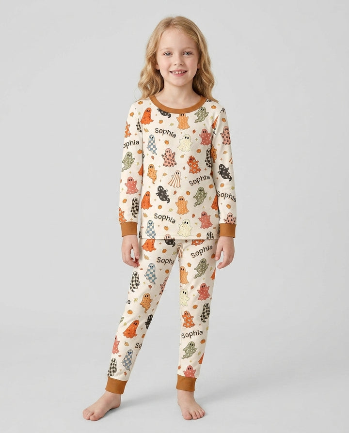 Custom Name Fall Ghost Bamboo Two Piece Long Sleeve Pajama Set