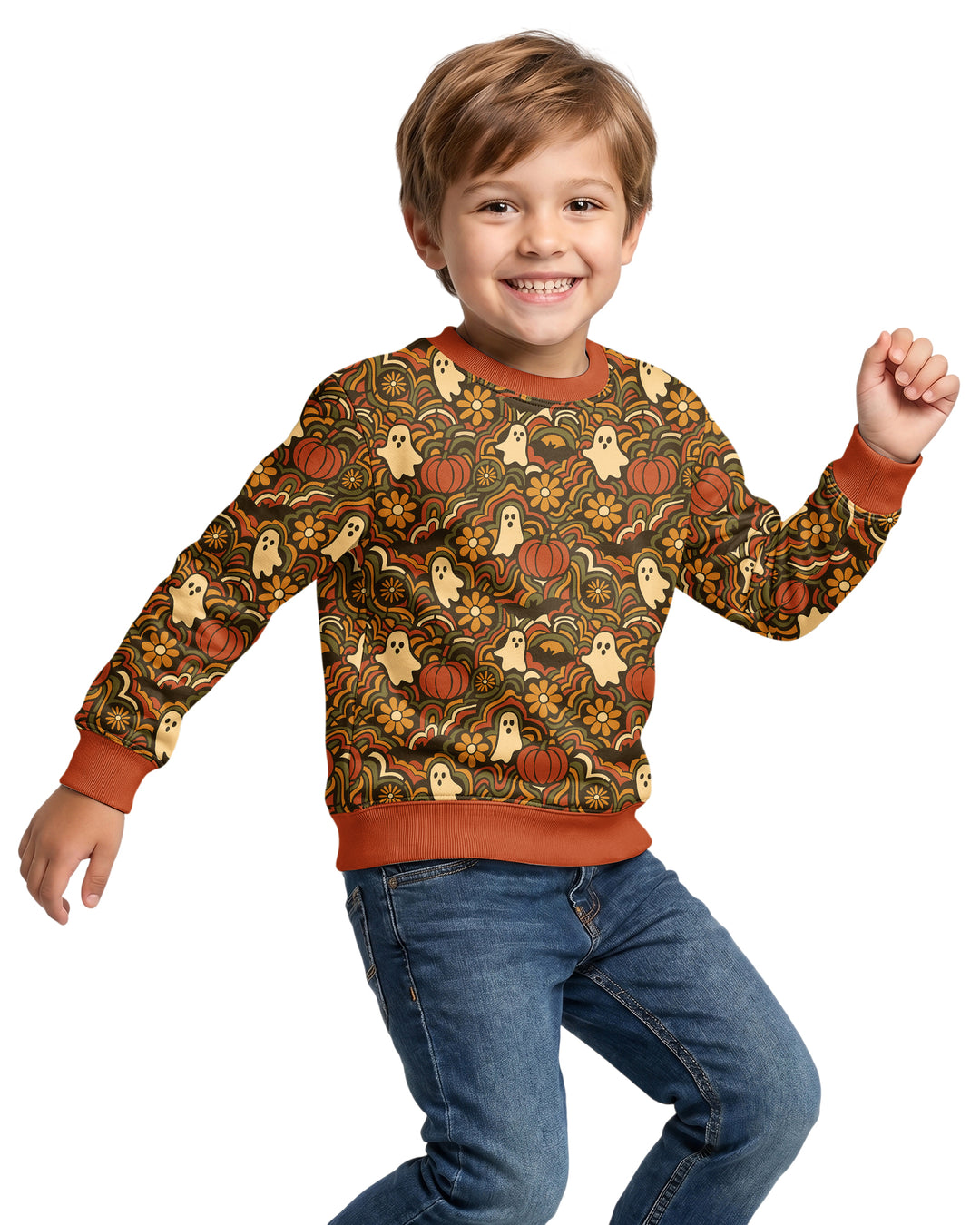 Retro Halloween Ghost Pumpkin Floral Bamboo Crewneck Sweatshirt