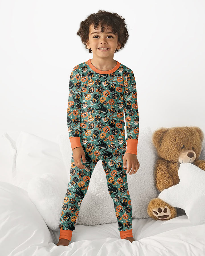 Retro Black Cat Witch Pumpkin Halloween Bamboo Two Piece Long Sleeve Pajama Set