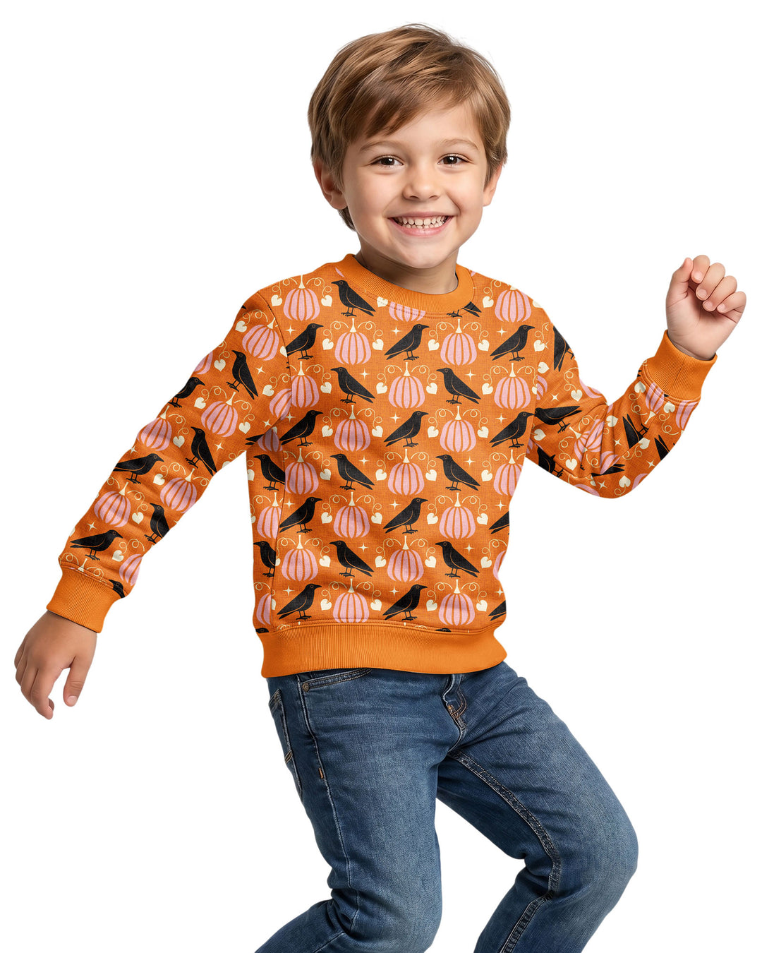 Ravens in a Pumpkin Patch - Orange Pink Bamboo Crewneck Sweatshirt