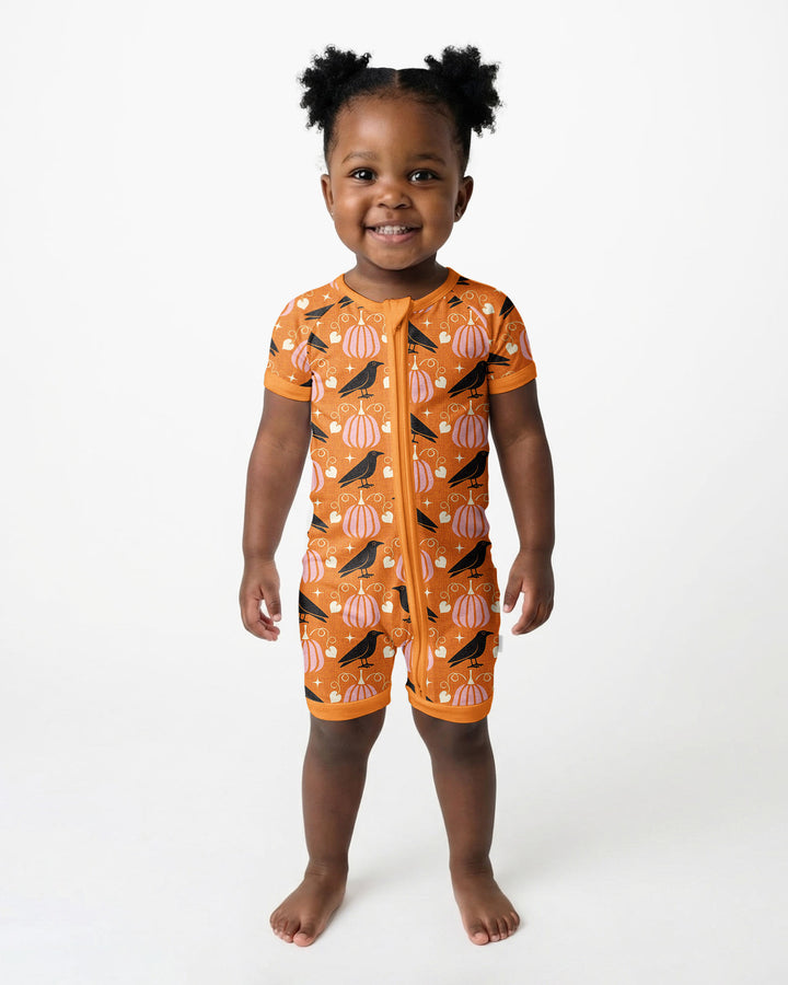 Ravens in a Pumpkin Patch - Orange Pink Bamboo Shorty Zippy