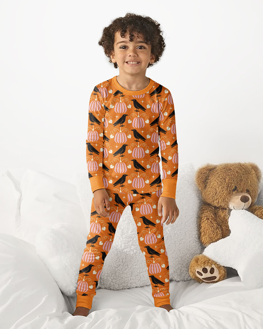 Ravens in a Pumpkin Patch - Orange Pink Bamboo Two Piece Long Sleeve Pajama Set