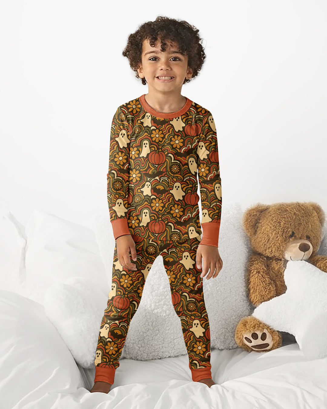 Retro Halloween Ghost Pumpkin Floral Bamboo Two Piece Long Sleeve Pajama Set