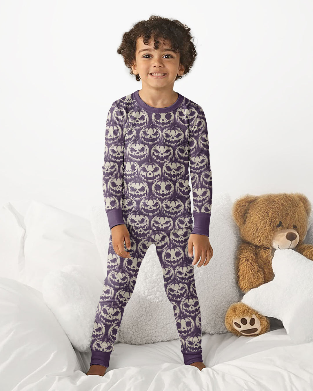 Retro Halloween Jack-O-Lantern Spooky Faces Bamboo Two Piece Long Sleeve Pajama Set