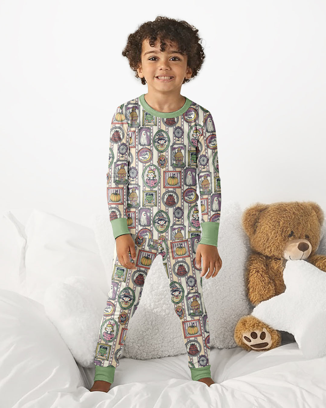 Vintage Halloween Ghost Pumpkin Portraits Bamboo Two Piece Long Sleeve Pajama Set