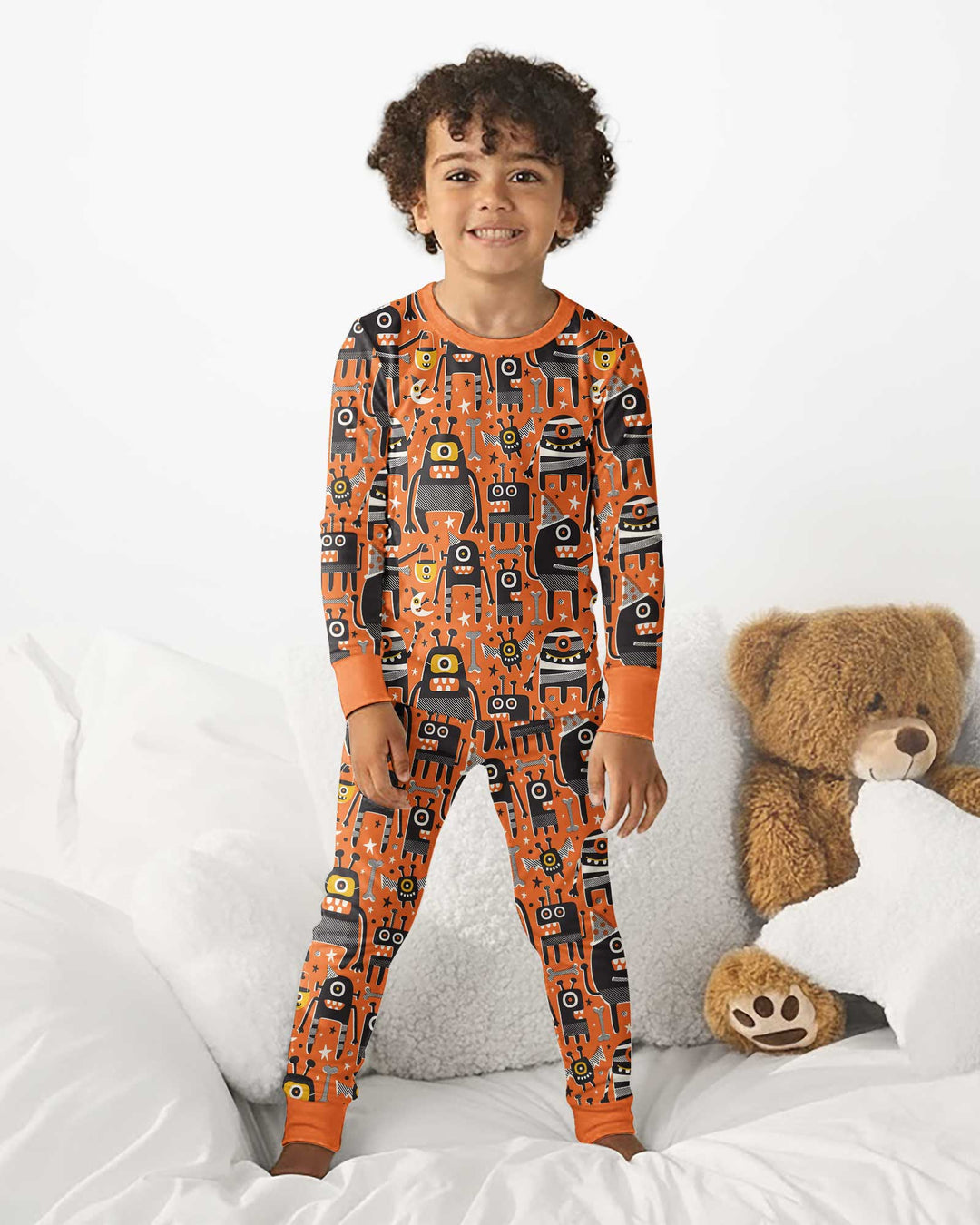 Mid Century Halloween Monster Toss Bamboo Two Piece Long Sleeve Pajama Set