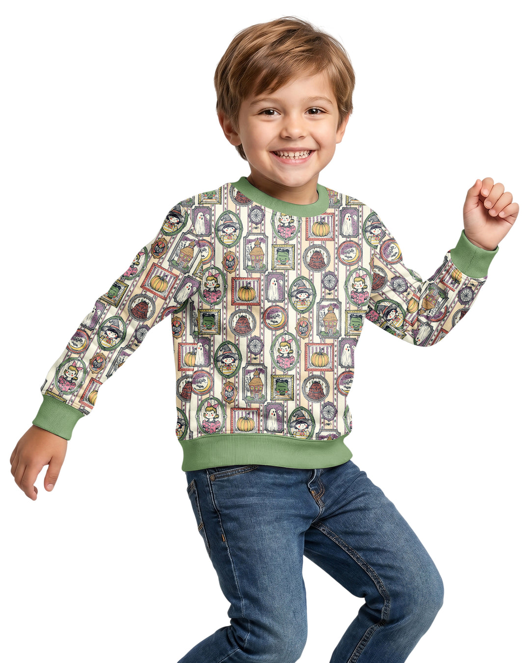 Vintage Halloween Ghost Pumpkin Portraits Bamboo Crewneck Sweatshirt