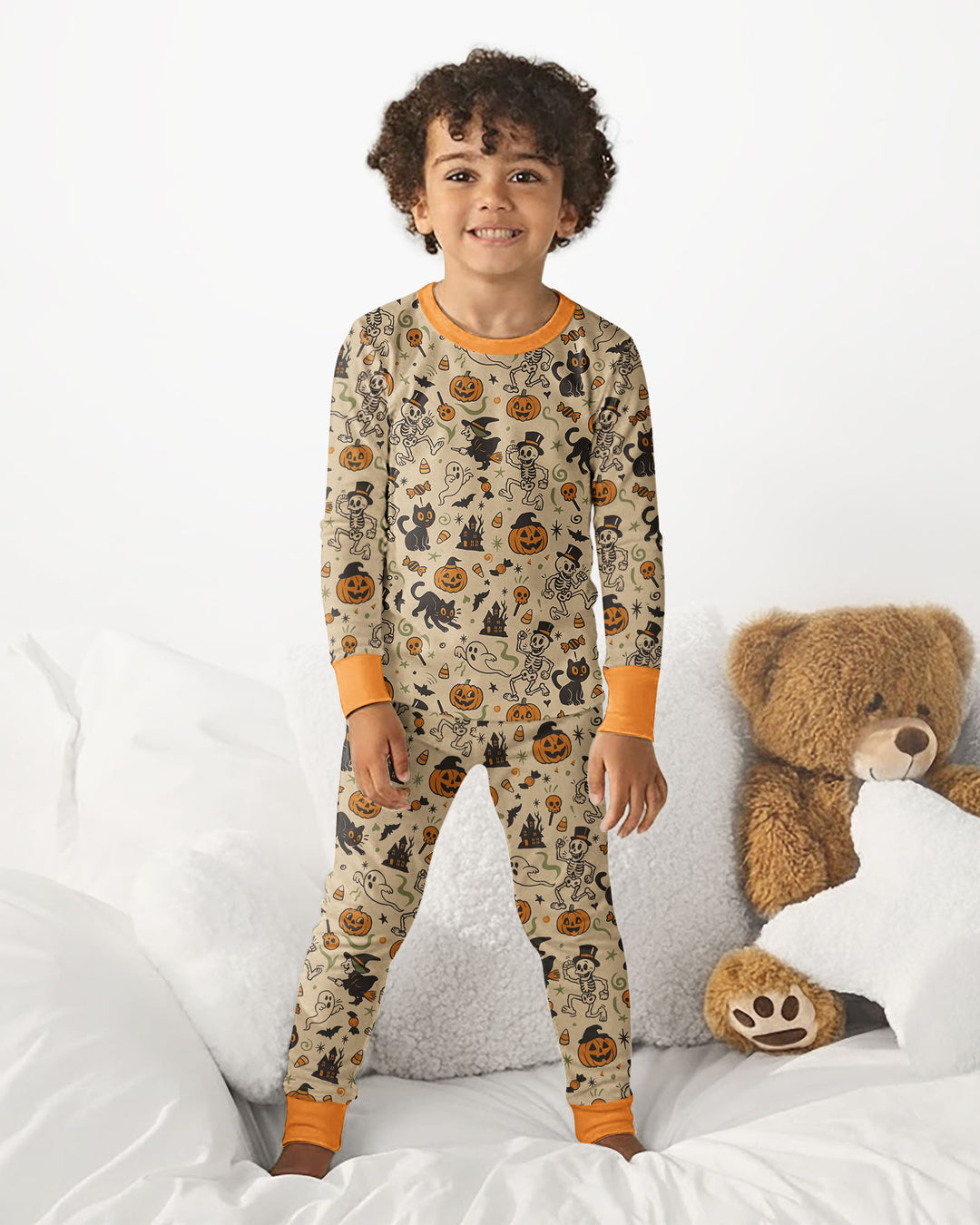 Vintage Skeleton Pumpkin Halloween Bamboo Two Piece Long Sleeve Pajama Set