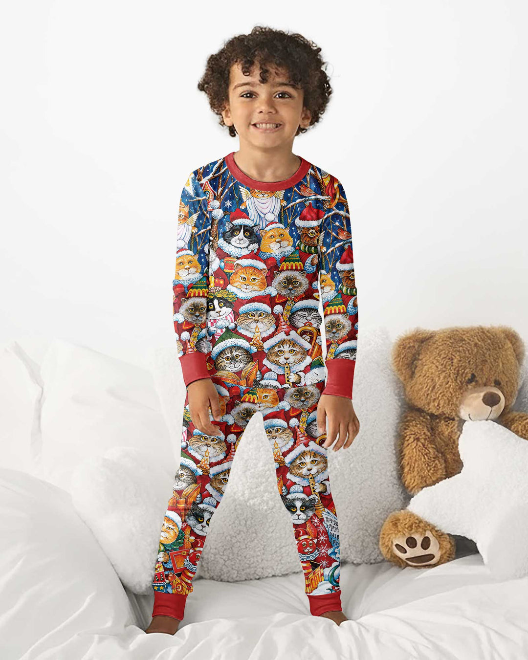 Cats Wear Noel Hat Bamboo Two Piece Long Sleeve Pajama Set