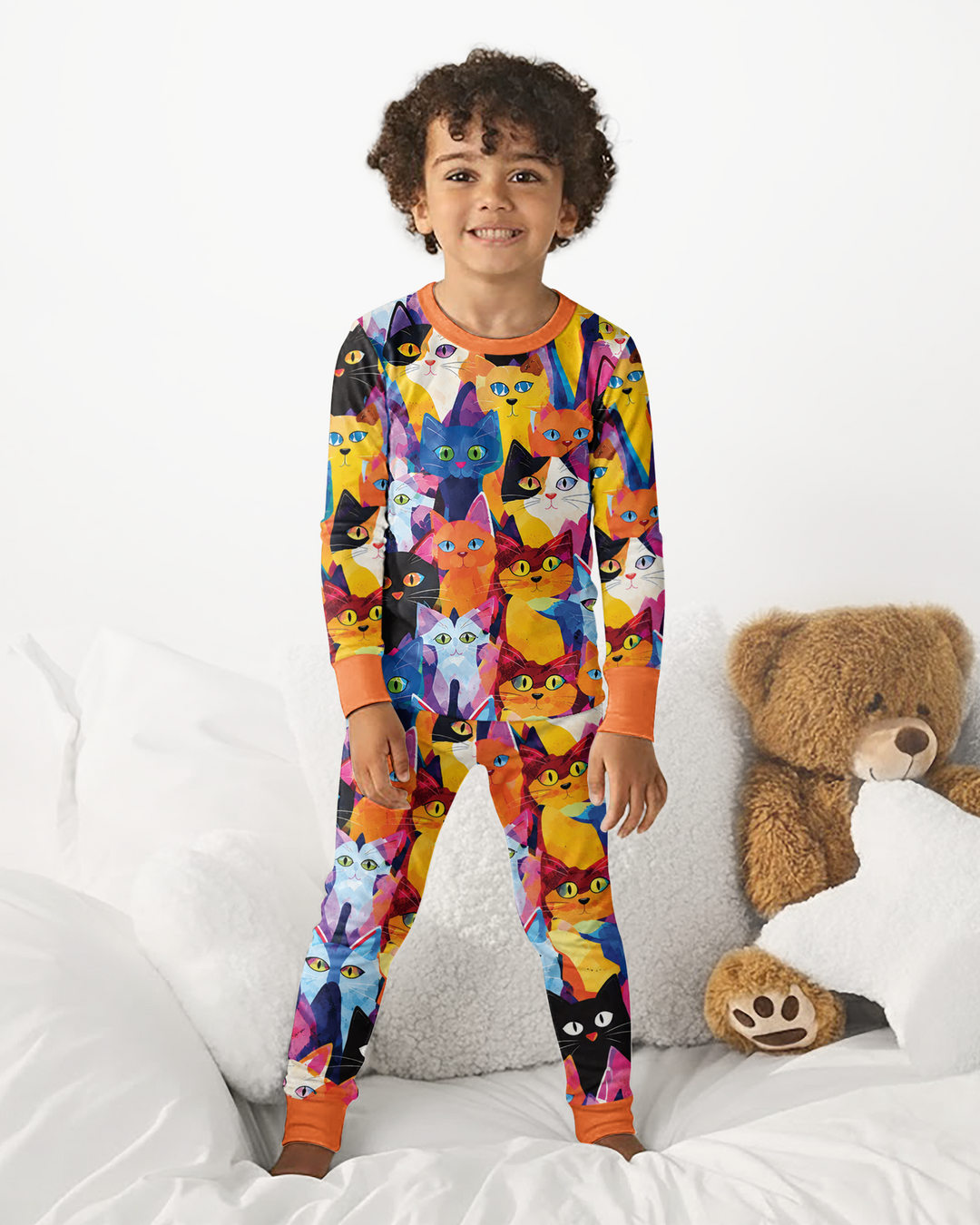 Cartoon Abstract Kitten Pattern Bamboo Two Piece Long Sleeve Pajama Set