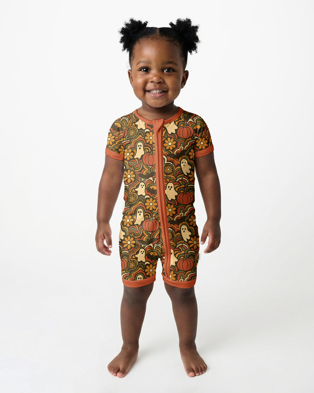 Retro Halloween Ghost Pumpkin Floral Bamboo Shorty Zippy