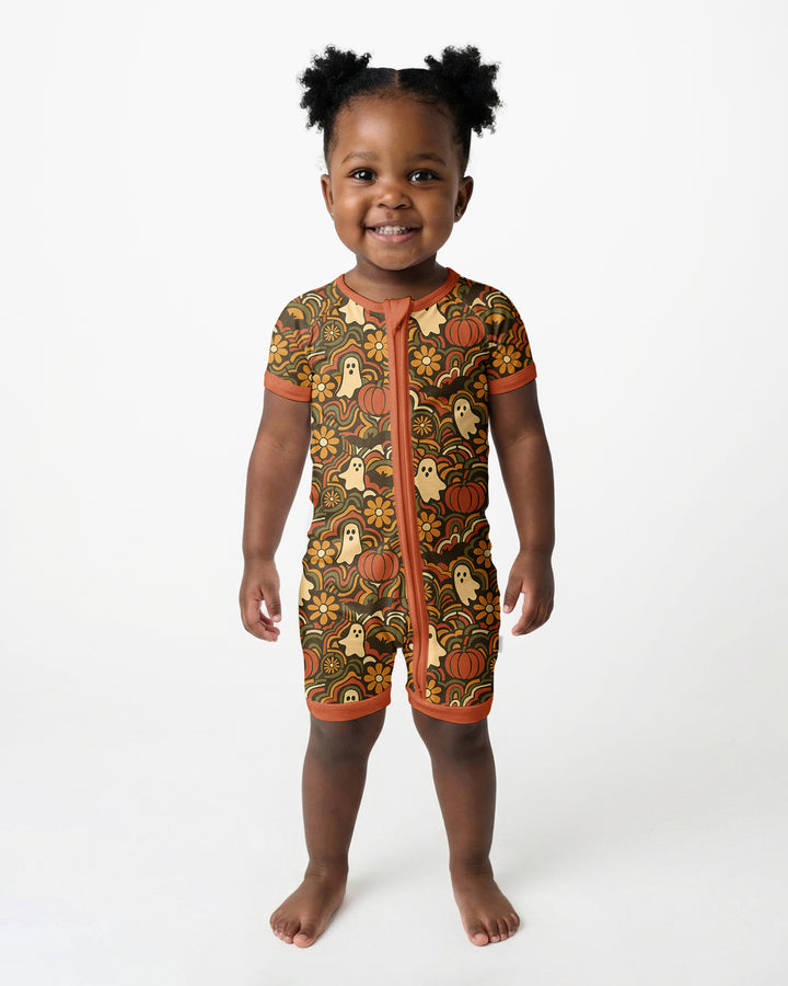 Retro Halloween Ghost Pumpkin Floral Bamboo Shorty Zippy