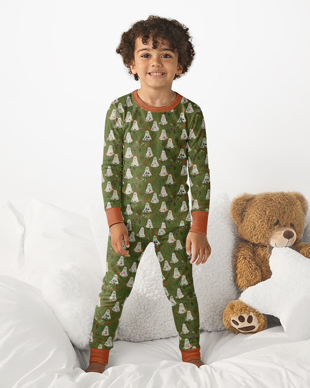 Cute Ghost Halloween Moss Green Floral Bamboo Two Piece Long Sleeve Pajama Set