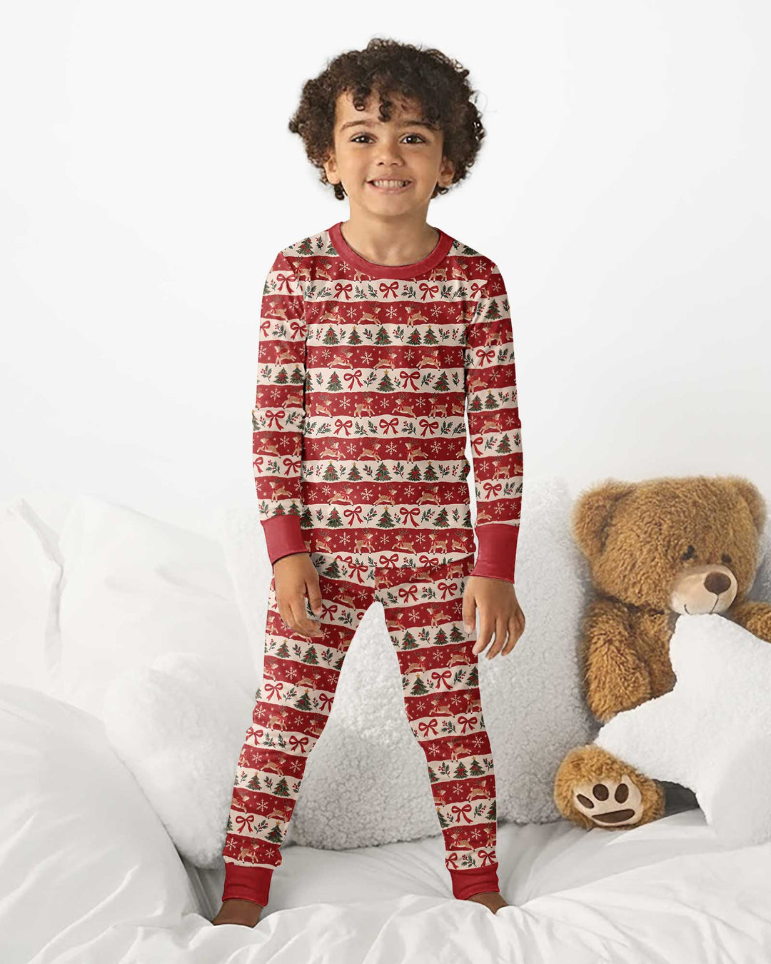 Vintage Reindeer Christmas Stripes Bamboo Two Piece Long Sleeve Pajama Set