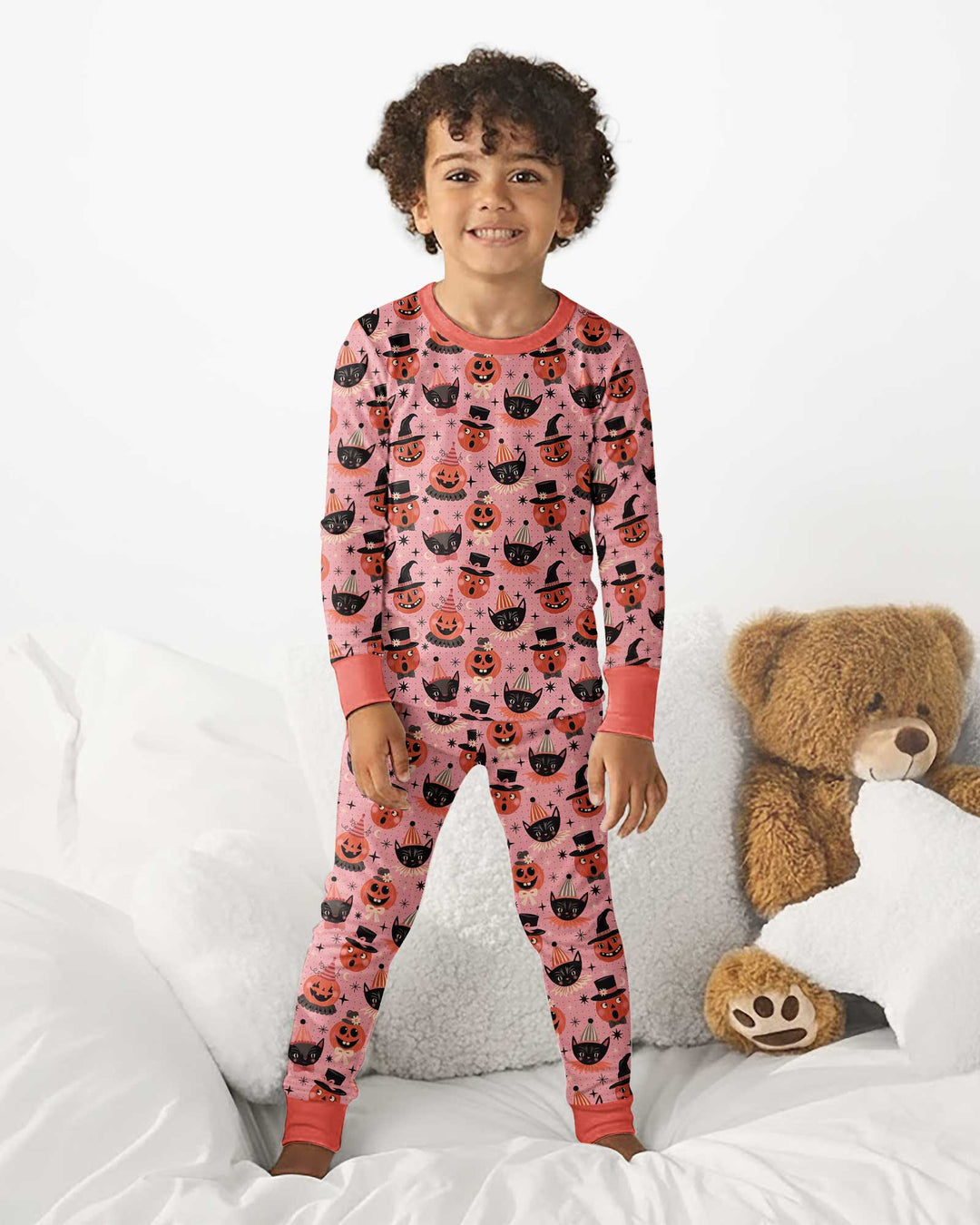 Retro Halloween Cats and Funny Pumpkins Bamboo Two Piece Long Sleeve Pajama Set