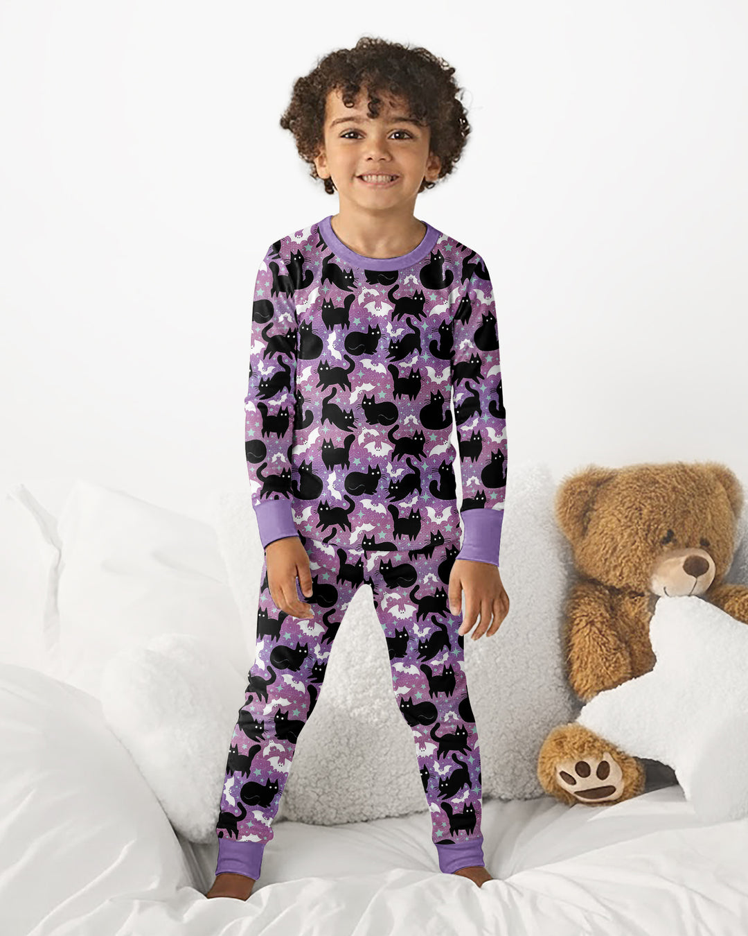 Spooky Black Cat Halloween Purple Bats Bamboo Two Piece Long Sleeve Pajama Set