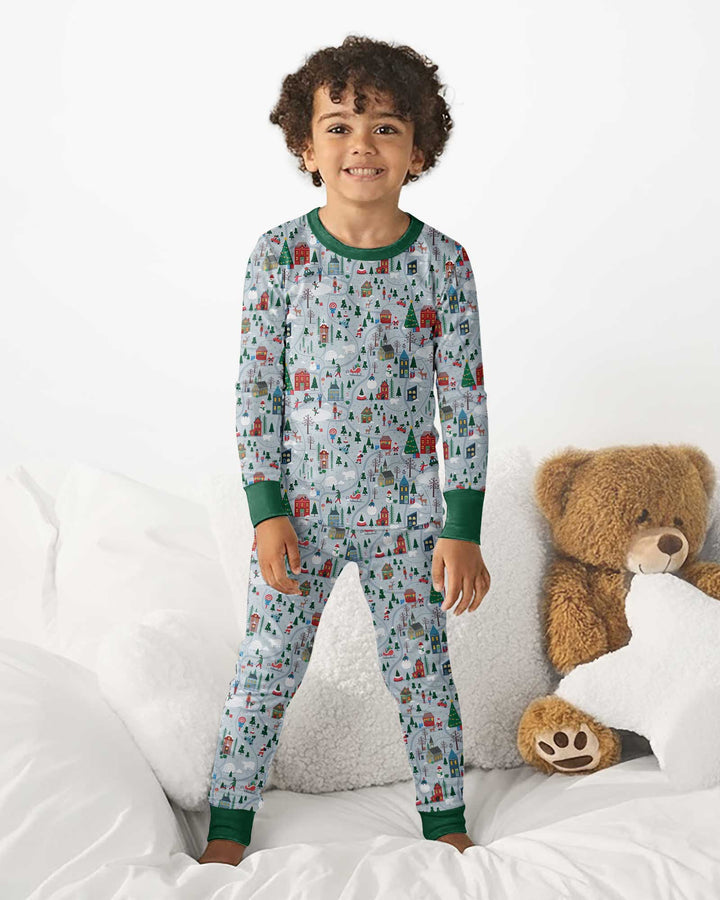 Snowy Christmas Village Map Bamboo Two Piece Long Sleeve Pajama Set